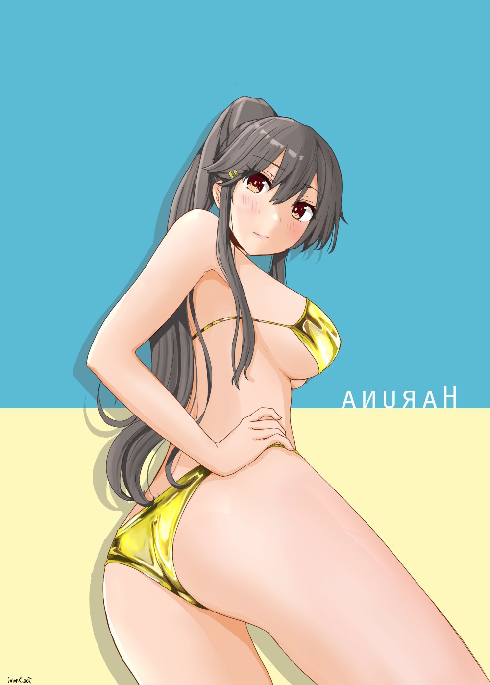 1girl alternate_hairstyle ass black_hair brown_eyes character_name cowboy_shot from_behind gold_bikini grey_hair hand_on_hip haruna_(kancolle) highres jousanrou kantai_collection long_hair looking_at_viewer looking_back solo two-tone_background