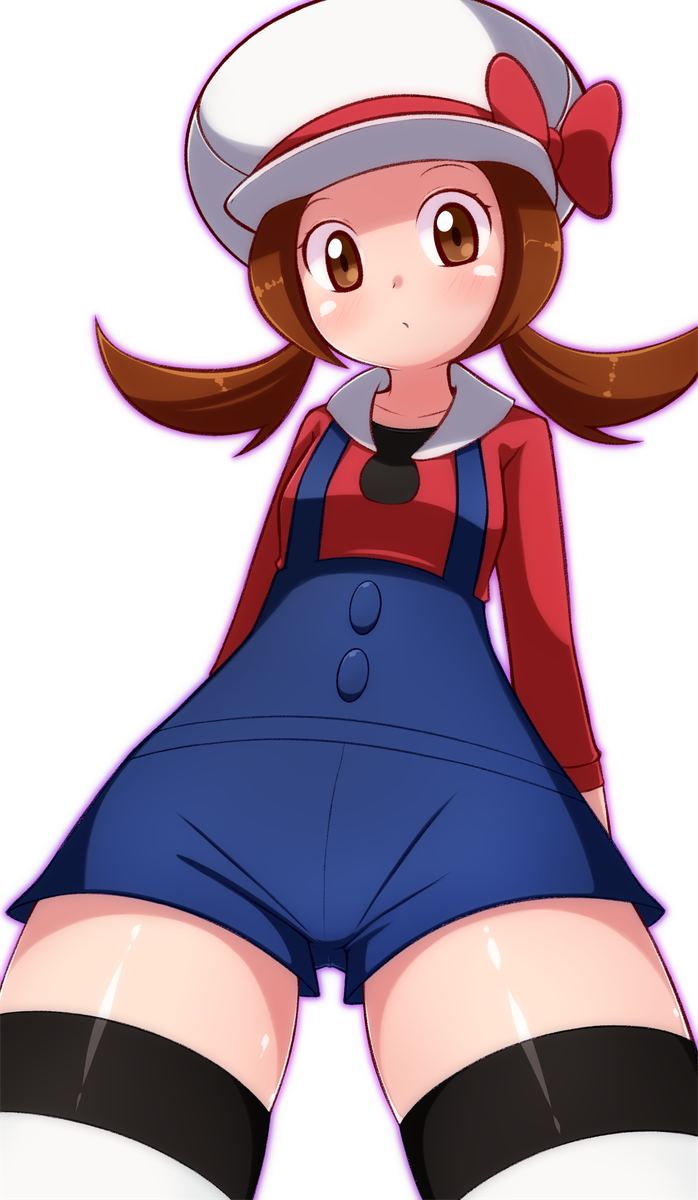 1girl a-ktoo blue_overalls blush brown_eyes brown_hair closed_mouth commentary_request eyelashes from_below hat hat_ribbon highres long_hair looking_at_viewer lyra_(pokemon) overalls pokemon pokemon_(game) pokemon_hgss red_ribbon red_shirt ribbon shiny shiny_hair shiny_skin shirt solo thigh-highs twintails white_headwear white_legwear zettai_ryouiki
