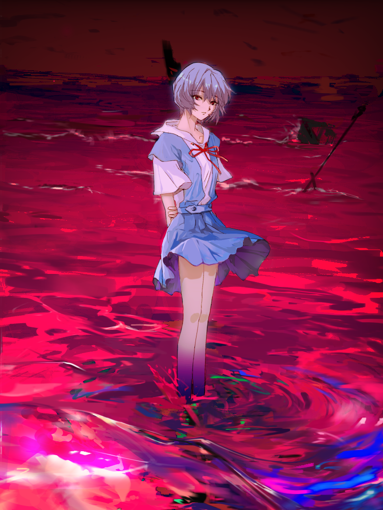 1girl arms_behind_back ayanami_rei bangs blue_hair blue_skirt closed_mouth collared_shirt end_of_evangelion holding_own_arm kf8fw looking_at_viewer neck_ribbon neon_genesis_evangelion outdoors red_eyes red_ribbon red_sky ribbon shirt short_hair short_sleeves skirt sky soaking_feet solo standing suspender_skirt suspenders tokyo-3_middle_school_uniform_(evangelion) white_shirt