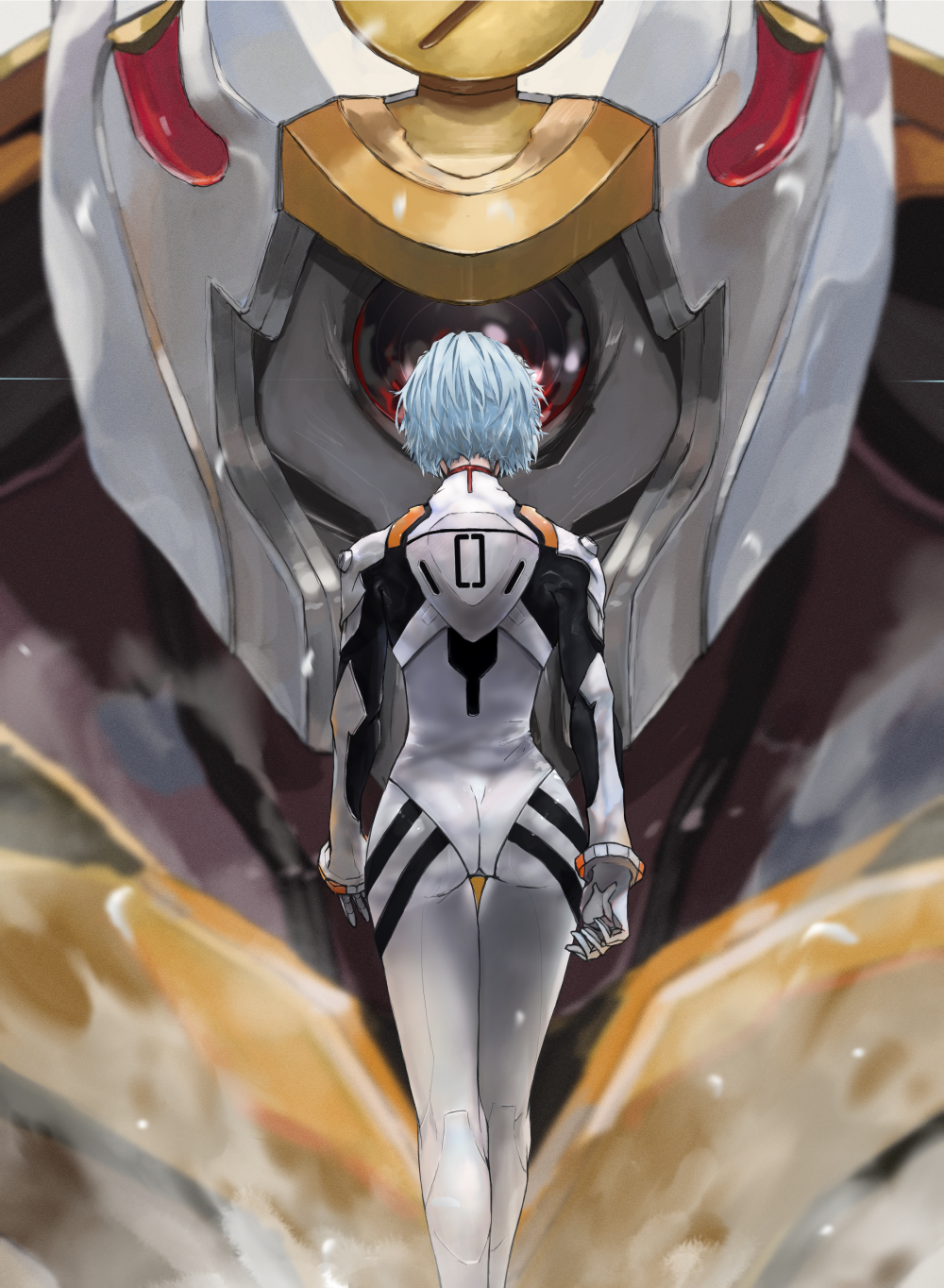 1girl ayanami_rei blue_hair bodysuit eva_00 from_behind highres kdm_(ke_dama) looking_down mecha neon_genesis_evangelion one-eyed open_hands pilot_suit plugsuit red_eyes science_fiction short_hair solo_focus walking