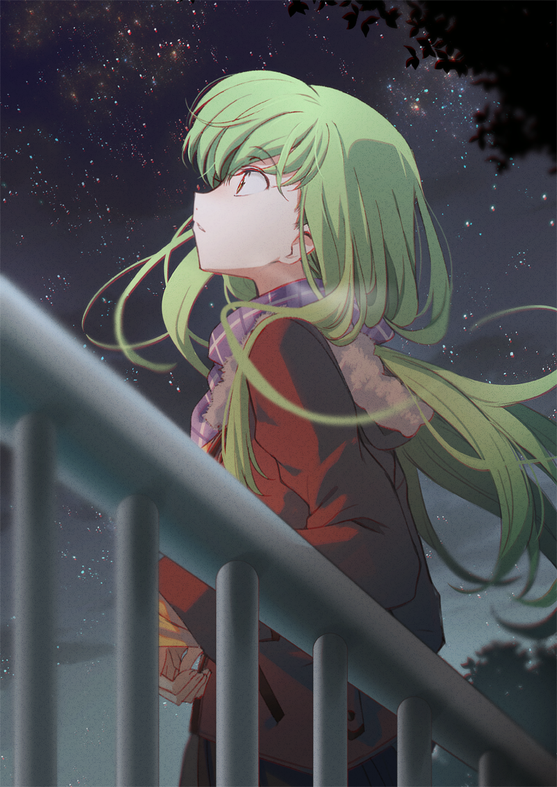 1girl c.c. coat code_geass creayus green_hair long_hair long_sleeves looking_up night night_sky outdoors red_coat scarf sky solo star_(sky) starry_sky yellow_eyes