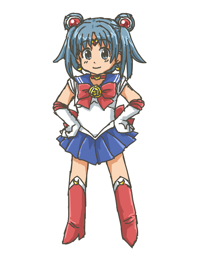 1girl back_bow bangs bishoujo_senshi_sailor_moon blue_hair blue_skirt boots bow child collar cosplay crescent crescent_earrings diadem earrings elbow_gloves gloves hair_between_eyes hair_ornament hands_on_hips jewelry kasuga39 medium_hair parted_bangs pleated_skirt red_bow red_footwear sailor_moon sailor_moon_(cosplay) sailor_senshi sailor_senshi_uniform school_uniform serafuku shirt short_twintails simple_background skirt sleeveless sleeveless_shirt solo thigh-highs thigh_boots twintails white_background white_gloves white_shirt wikipe-tan wikipedia