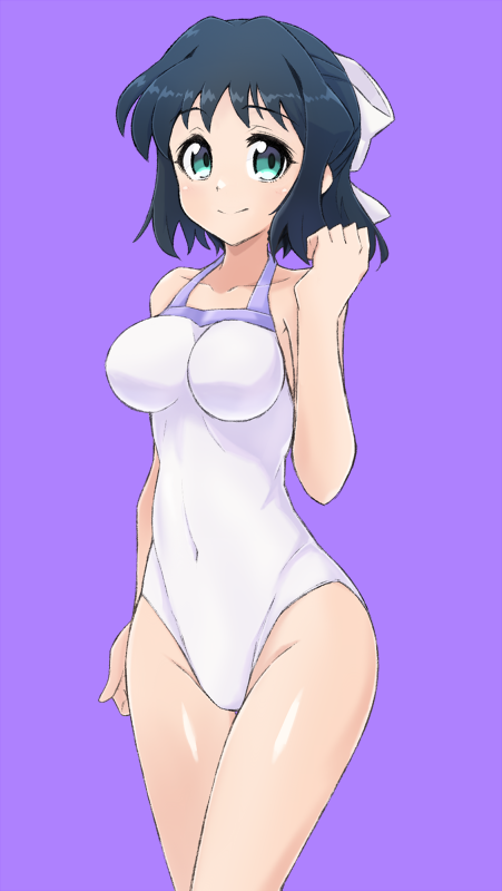 1girl black_hair blue_eyes bow breasts casual_one-piece_swimsuit hair_bow impossible_clothes impossible_swimsuit kohinata_miku looking_at_viewer medium_breasts mutsuki_riichi one-piece_swimsuit purple_background senki_zesshou_symphogear short_hair simple_background solo swimsuit white_swimsuit