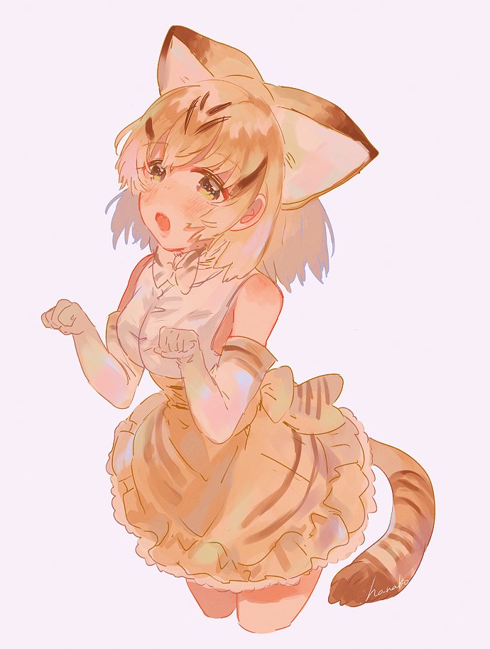 1girl animal_ears bare_shoulders blonde_hair blush bow bowtie cat_ears cat_tail cropped_legs elbow_gloves extra_ears eyebrows_visible_through_hair frilled_skirt frills gloves hanako151 high-waist_skirt kemono_friends looking_at_viewer multicolored_hair open_mouth paw_pose pink_background sand_cat_(kemono_friends) shirt short_hair skirt sleeveless sleeveless_shirt solo striped striped_skirt striped_tail tail white_background white_bow white_hair white_shirt yellow_eyes