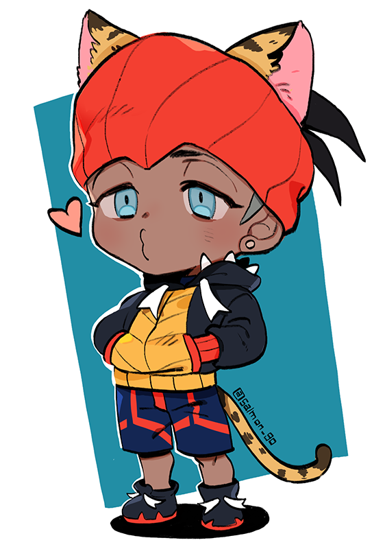 1boy animal_ears artist_name black_hair black_hoodie blue_eyes blue_shorts blush cat_ears cat_tail closed_mouth commentary dark_skin dark_skinned_male earrings fa8072 full_body gym_leader hands_in_pockets heart hood hoodie jewelry knees male_focus o3o orange_headwear outline pokemon pokemon_(game) pokemon_swsh raihan_(pokemon) shoes shorts solo standing tail undercut