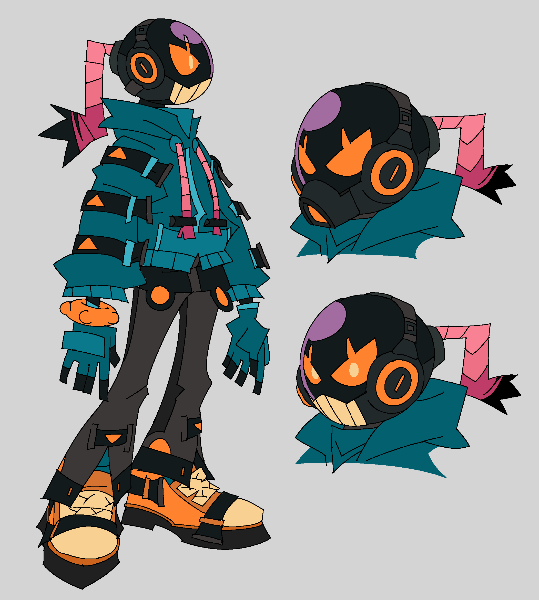 1boy android aqua_gloves aqua_hoodie bomb character_sheet fingerless_gloves friday_night_funkin' gloves grey_pants headphones highres hood hoodie n0kiyu orange_eyes orange_footwear pants reference_sheet shoes sneakers teeth whitty_bomb_guy