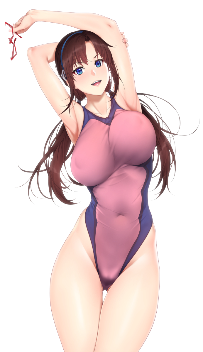 1girl armpits arms_up ass_visible_through_thighs bangs bare_shoulders blue_eyes breasts brown_hair collarbone commentary competition_swimsuit covered_nipples eyewear_removed fingernails glasses hair_ornament hairband highleg highleg_swimsuit highres large_breasts lips long_hair looking_at_viewer makinami_mari_illustrious neon_genesis_evangelion one-piece_swimsuit open_mouth rebuild_of_evangelion red-framed_eyewear shiny shiny_hair simple_background smile solo swimsuit teeth thighs tied_hair two-tone_swimsuit white_background zucchini