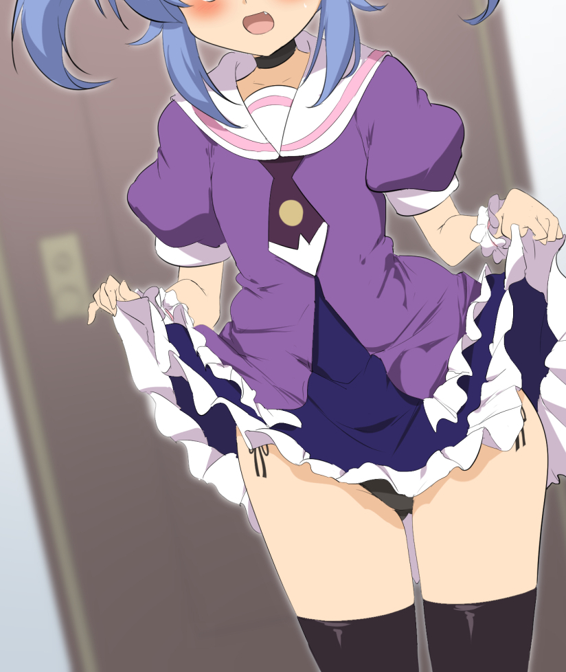 1girl :d ass_visible_through_thighs black_choker black_legwear black_panties blue_hair blurry blurry_background blush choker commentary_request depth_of_field door fang frilled_skirt frills head_out_of_frame kurobane_alice lifted_by_self momio open_mouth panties puffy_short_sleeves puffy_sleeves purple_shirt purple_skirt sailor_collar shadowverse_(anime) shirt short_sleeves side-tie_panties sidelocks skirt skirt_lift smile solo standing thigh-highs twintails underwear white_sailor_collar wrist_cuffs