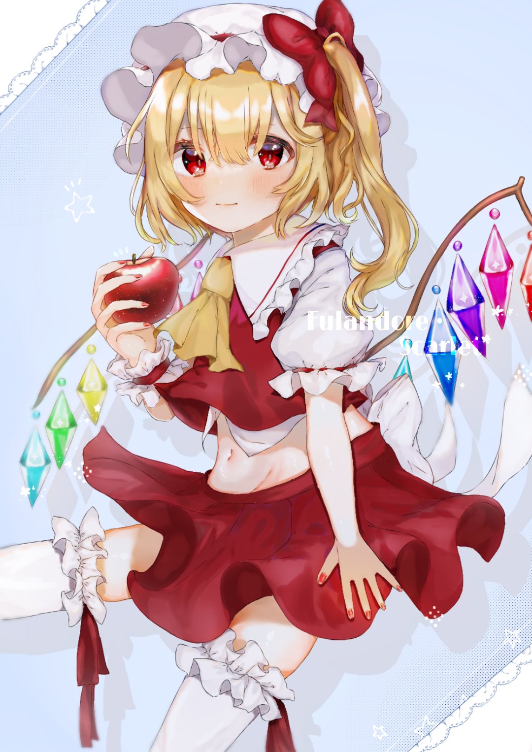 1girl apple ascot back_bow bad_anatomy bangs blonde_hair blue_background blush bow breasts character_name closed_mouth crystal drop_shadow eyebrows_behind_hair feet_out_of_frame flandre_scarlet food frilled_shirt_collar frills fruit gradient gradient_background groin hair_between_eyes hair_bow hat highres holding holding_food holding_fruit light_smile looking_at_viewer midriff_peek mob_cap nagisa_osamu nail_polish navel one_side_up puffy_short_sleeves puffy_sleeves red_bow red_eyes red_nails red_skirt red_vest shirt short_hair short_sleeves simple_background skirt skirt_set small_breasts solo standing standing_on_one_leg star_(symbol) thigh-highs touhou vest white_bow white_headwear white_legwear white_shirt wings yellow_neckwear