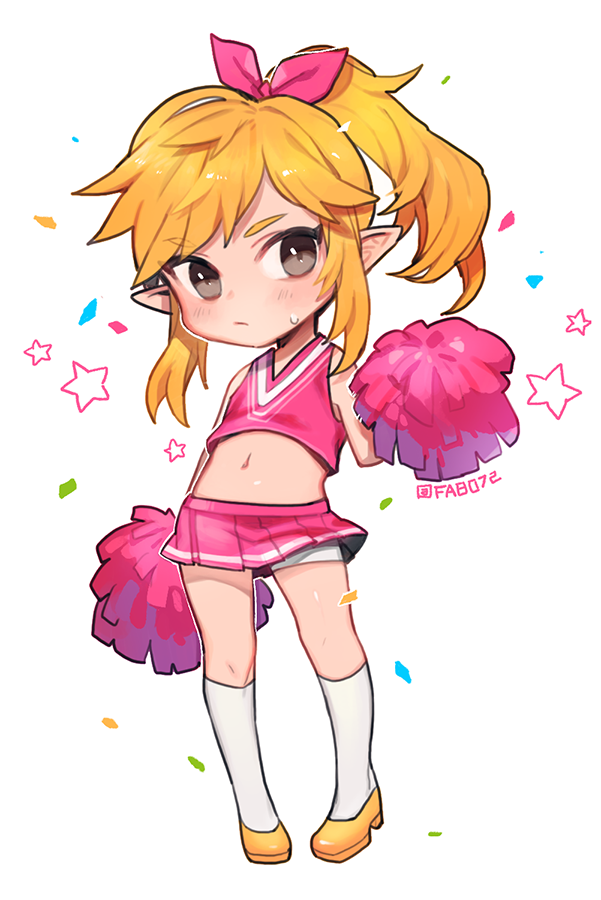 1boy artist_name bangs blonde_hair blush brown_eyes cheerleader closed_mouth crossdressinging eyelashes fa8072 full_body hair_ribbon hand_up high_ponytail holding holding_pom_poms kneehighs knees link long_hair male_focus miniskirt navel pink_skirt pleated_skirt pointy_ears pom_poms ribbon shiny shiny_skin shoes skirt solo standing star_(symbol) sweatdrop symbol_commentary the_legend_of_zelda white_legwear