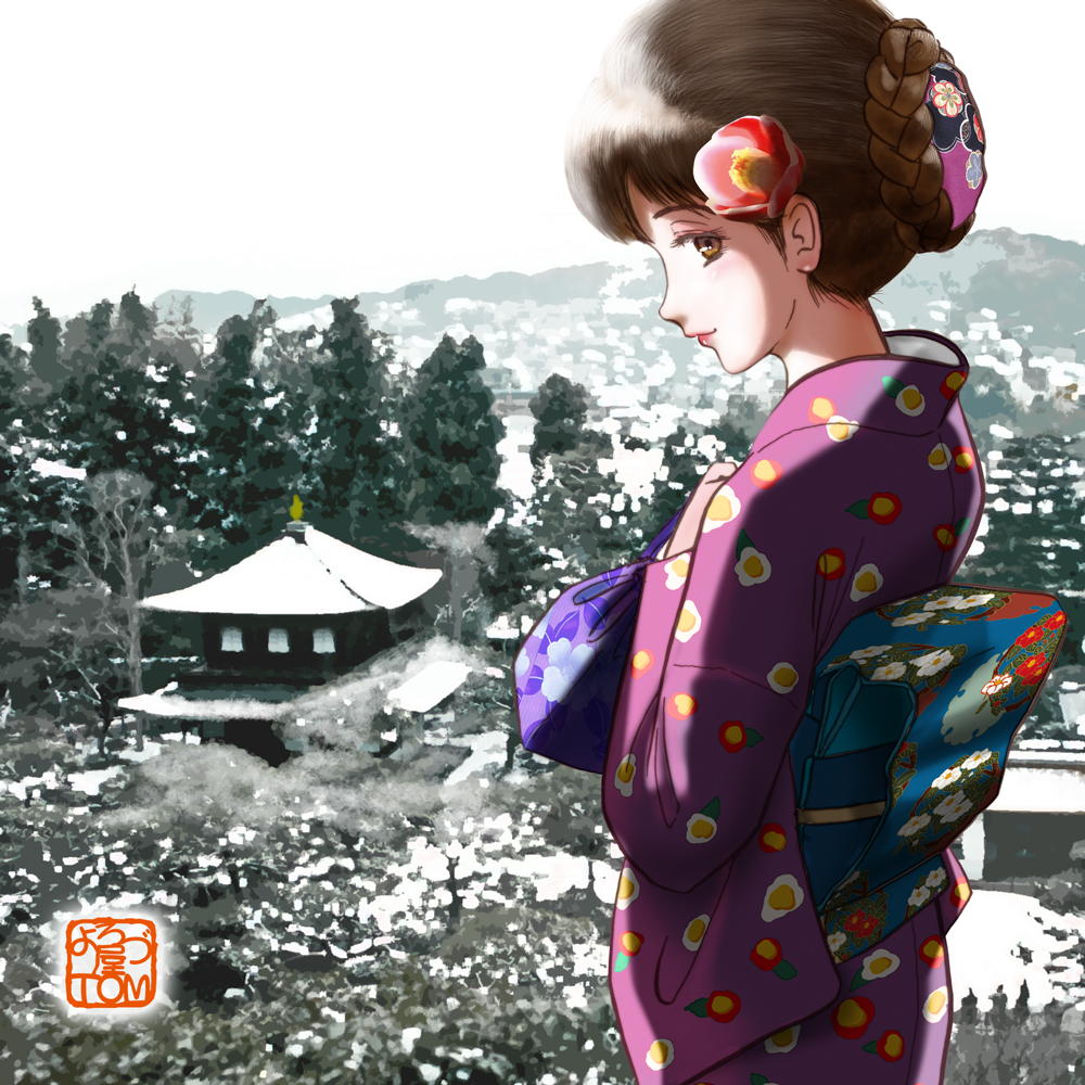 1girl brown_eyes building chutohampa japanese_clothes kimono looking_at_viewer original print_kimono profile purple_kimono smile solo tree white_sky