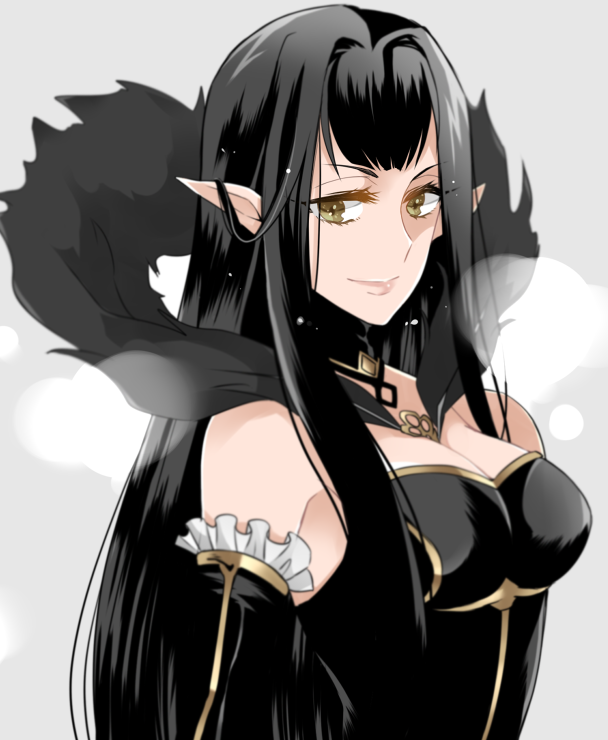 1girl absurdly_long_hair black_dress black_hair bridal_gauntlets dress fate/apocrypha fate_(series) fur_trim long_dress long_hair pointy_ears semiramis_(fate) solo suzuko_(star8383) upper_body very_long_hair yellow_eyes