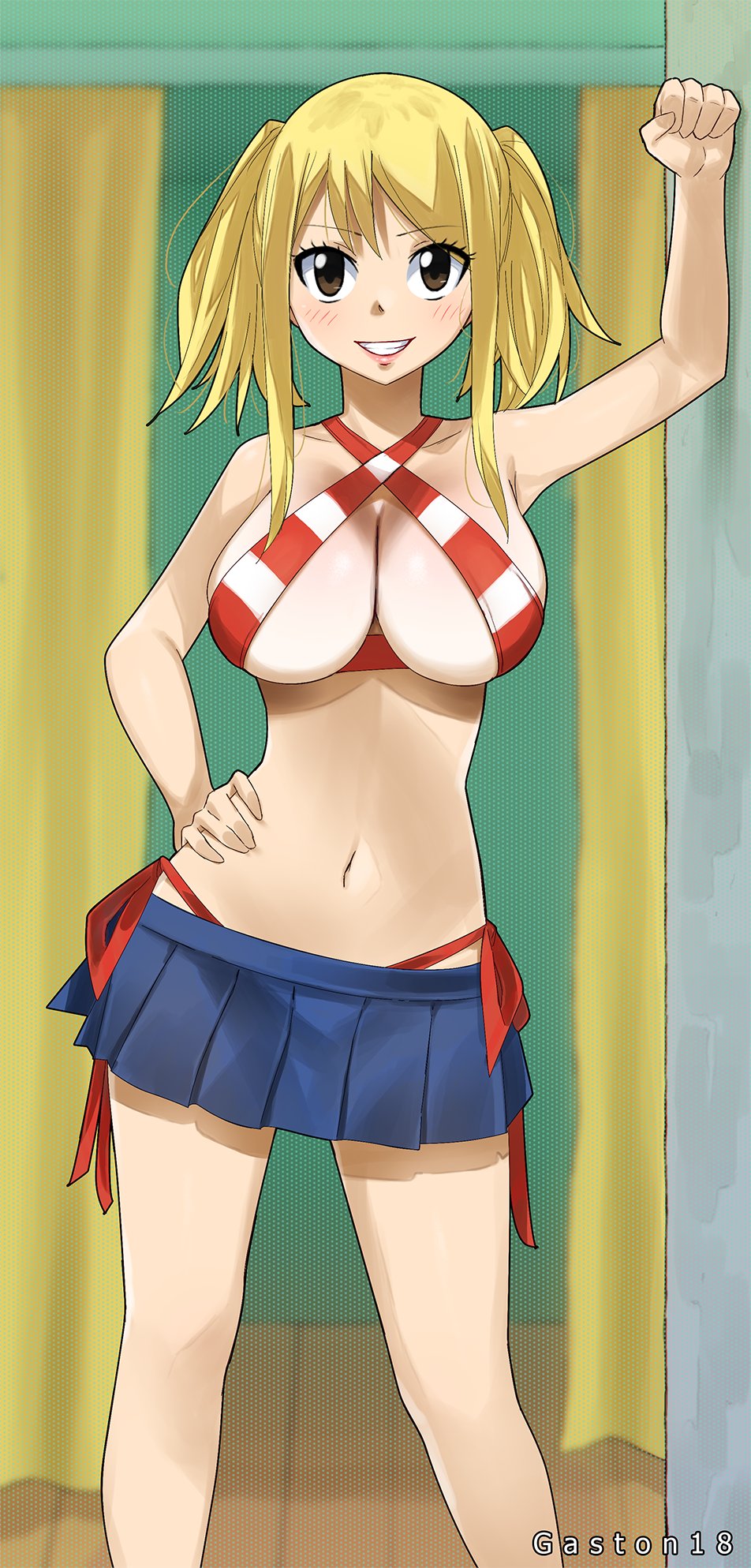1girl bikini blonde_hair blush breasts brown_eyes fairy_tail gaston18 highres large_breasts looking_at_viewer lucy_heartfilia navel skirt solo swimsuit