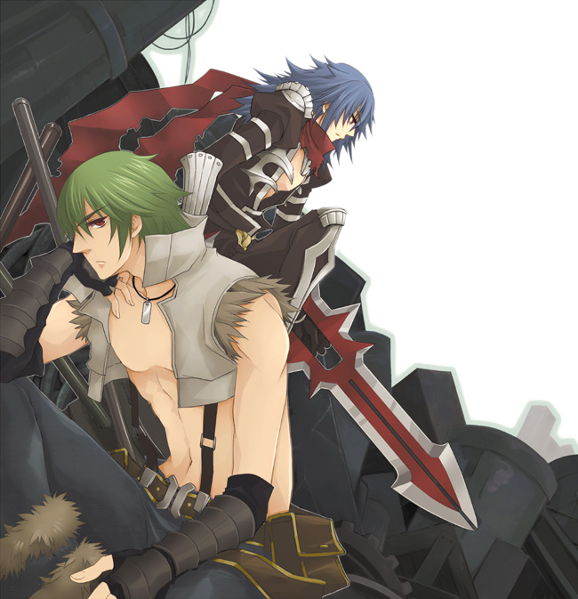 2boys armor armored_boots assassin_cross_(ragnarok_online) axe bangs belt bio_lab black_gloves black_pants black_shirt blue_hair blue_pants boots brown_belt closed_mouth commentary_request crop_top dagger eremes_guile eyebrows_visible_through_hair fingerless_gloves fur-trimmed_pants gauntlets gloves green_hair hair_between_eyes holding holding_axe holding_dagger holding_weapon howard_alt-eisen jamadhar jewelry long_hair looking_at_viewer looking_to_the_side male_focus multiple_boys necklace open_clothes open_shirt pants pauldrons pouch ragnarok_online red_eyes red_scarf scarf shirt short_hair shoulder_armor sptbird suspenders torn_clothes torn_scarf torn_shirt weapon white_background white_shirt whitesmith_(ragnarok_online)
