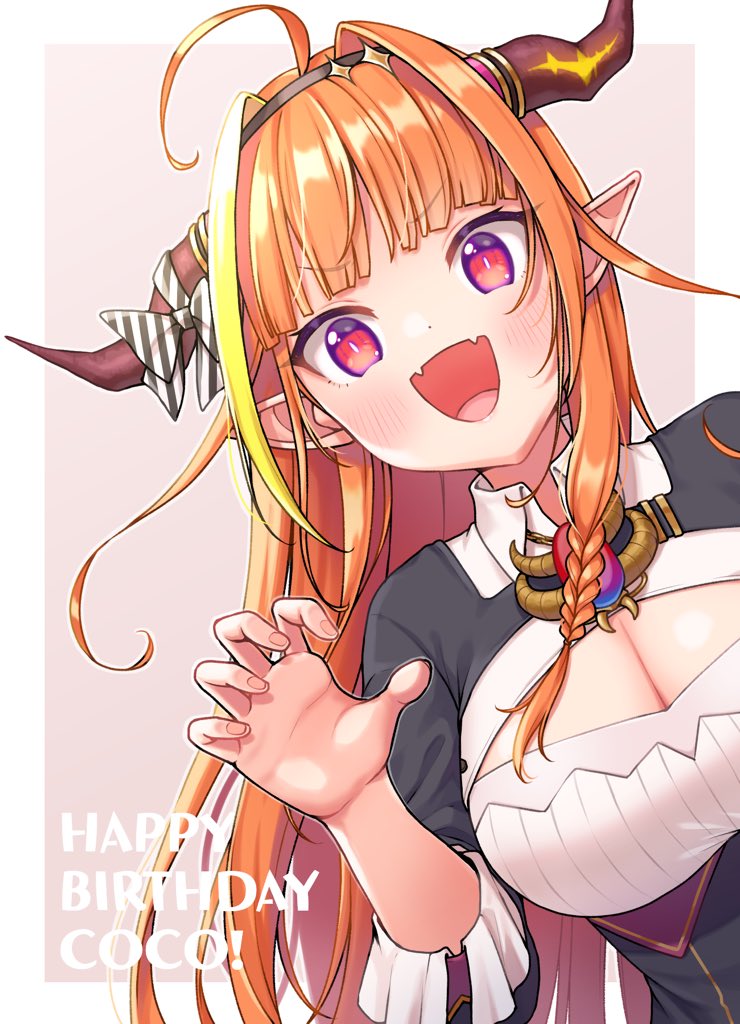 1girl ahoge bangs black_hairband black_jacket blonde_hair blunt_bangs border bow braid breasts brooch chain_necklace character_name claw_pose cleavage_cutout clothing_cutout collared_shirt commentary_request diagonal-striped_bow dragon_girl dragon_horns english_text eyebrows_visible_through_hair fangs gem hairband hand_up happy_birthday highlights hololive horn_bow horns jacket jewelry kiryu_coco large_breasts leaning_to_the_side light_blush long_hair looking_at_viewer multicolored multicolored_eyes multicolored_hair open_mouth orange_hair outside_border pointy_ears red_eyes shirt side_braid sidelocks simple_background single_braid skin_fangs slit_pupils solo streaked_hair striped striped_bow symbol_commentary tomozu upper_body violet_eyes virtual_youtuber white_border white_shirt
