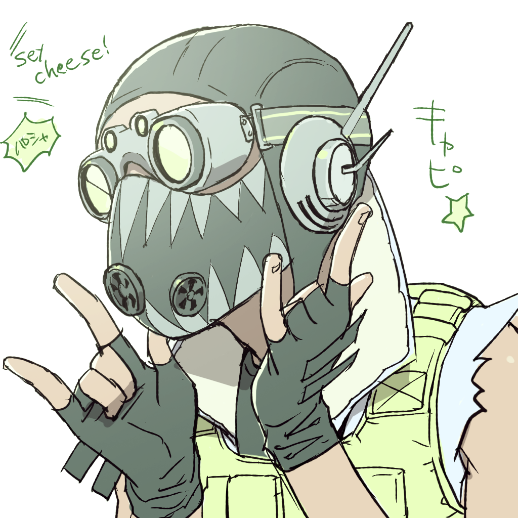 1boy \n/ apex_legends black_gloves black_headwear english_text fingerless_gloves gloves green_vest leaning_forward looking_ahead mask mouth_mask octane_(apex_legends) solo_focus star_(symbol) tamtam upper_body vest white_background