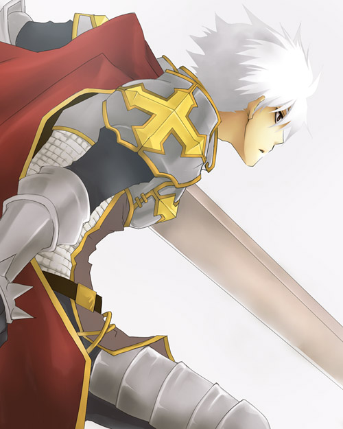 1boy armor bangs breastplate cape chainmail commentary_request cowboy_shot cross gauntlets hair_between_eyes holding holding_sword holding_weapon leg_armor looking_afar lord_knight_(ragnarok_online) male_focus open_mouth pauldrons ragnarok_online red_cape red_eyes seyren_windsor short_hair shoulder_armor simple_background solo spiked_gauntlets sptbird sword tabard weapon white_background white_hair