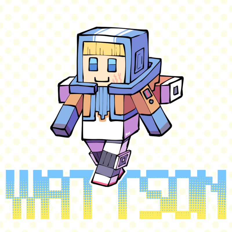 1girl apex_legends backpack bag blonde_hair blue_bodysuit blue_eyes blue_headwear bodysuit bungaw character_name hood hooded_jacket jacket minecraft orange_jacket parody scar scar_on_cheek scar_on_face smile solo style_parody walking wattson_(apex_legends) white_bodysuit