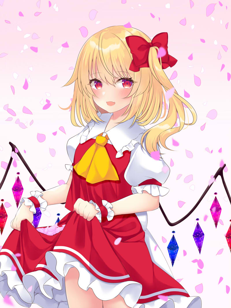 1girl :d ascot blush bow commentary_request cowboy_shot crystal eyebrows_visible_through_hair falling_petals fang flandre_scarlet flat_chest frilled_shirt_collar frills gradient gradient_background hair_between_eyes hair_bow holding holding_clothes holding_skirt looking_at_viewer medium_hair no_hat no_headwear one_side_up open_mouth petals petticoat pink_background puffy_short_sleeves puffy_sleeves red_bow red_eyes red_skirt red_vest short_sleeves simple_background skin_fang skirt skirt_basket skirt_set smile solo standing tosakaoil touhou vest wings wrist_cuffs yellow_neckwear