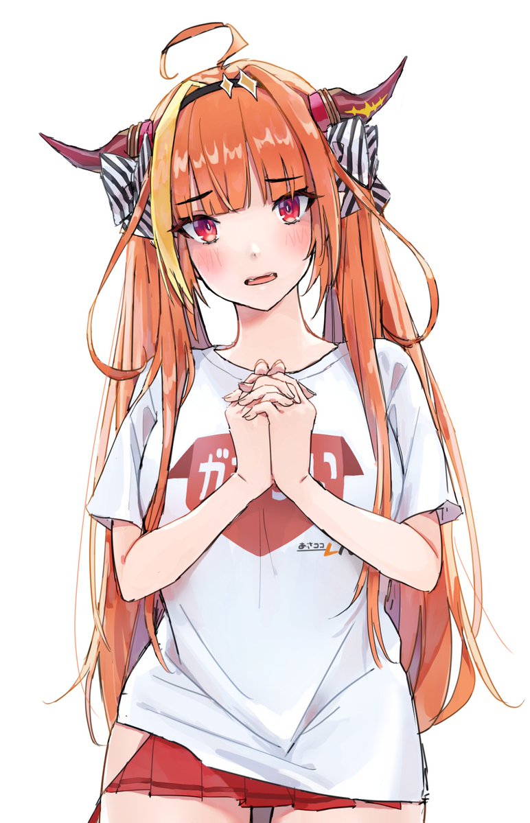 10v3tm5 1girl ahoge alternate_costume alternate_hairstyle bangs black_hairband blonde_hair blunt_bangs blush bow commentary_request cowboy_shot diagonal-striped_bow dragon_girl dragon_horns eyebrows_visible_through_hair hair_bow hairband hands_clasped hands_up highlights hip_vent hololive horns kiryu_coco long_hair looking_at_viewer miniskirt multicolored multicolored_eyes multicolored_hair open_mouth orange_hair own_hands_together print_shirt red_eyes red_skirt shirt short_sleeves side-tie_skirt sidelocks simple_background skirt slit_pupils solo streaked_hair striped striped_bow tied_hair twintails very_long_hair violet_eyes virtual_youtuber white_background white_shirt