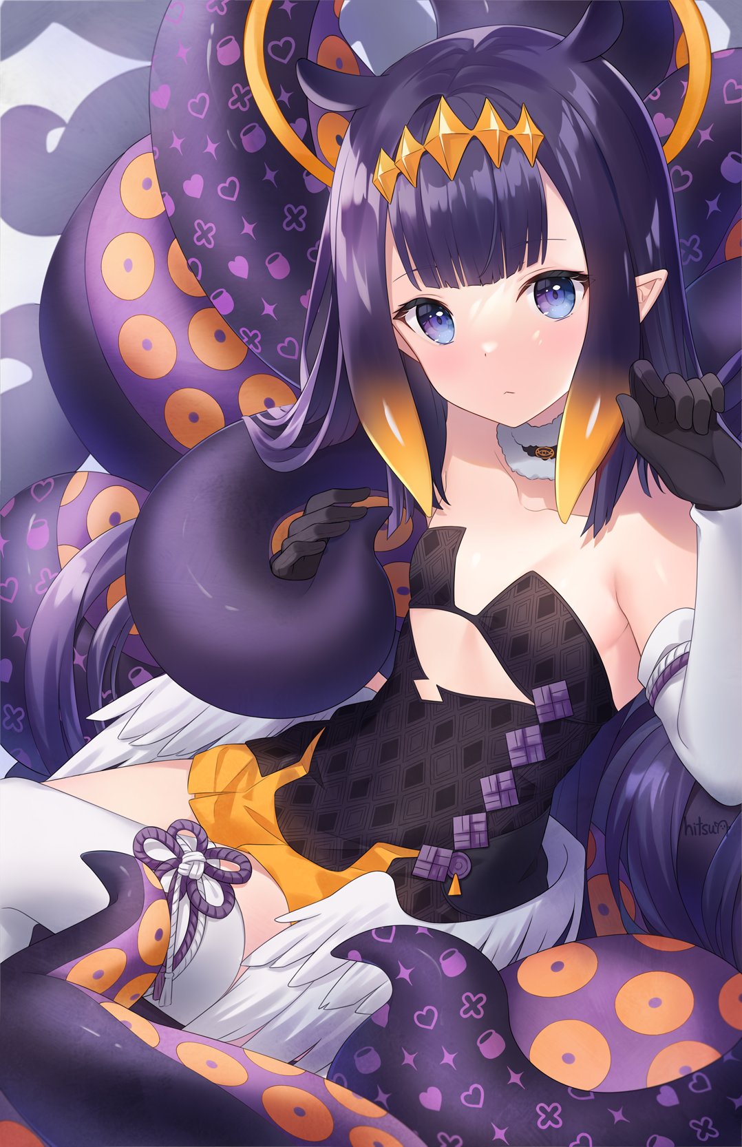 1girl :&lt; bare_shoulders black_dress black_gloves breasts brown_hair closed_mouth collarbone commentary detached_sleeves dress feathered_wings gloves gradient_hair highres hitsukuya hololive hololive_english long_hair long_sleeves looking_at_viewer low_wings multicolored_hair ninomae_ina'nis pointy_ears purple_hair signature single_detached_sleeve single_thighhigh sketch small_breasts solo strapless strapless_dress tentacle_hair tentacles thigh-highs very_long_hair violet_eyes virtual_youtuber white_legwear white_sleeves white_wings wings