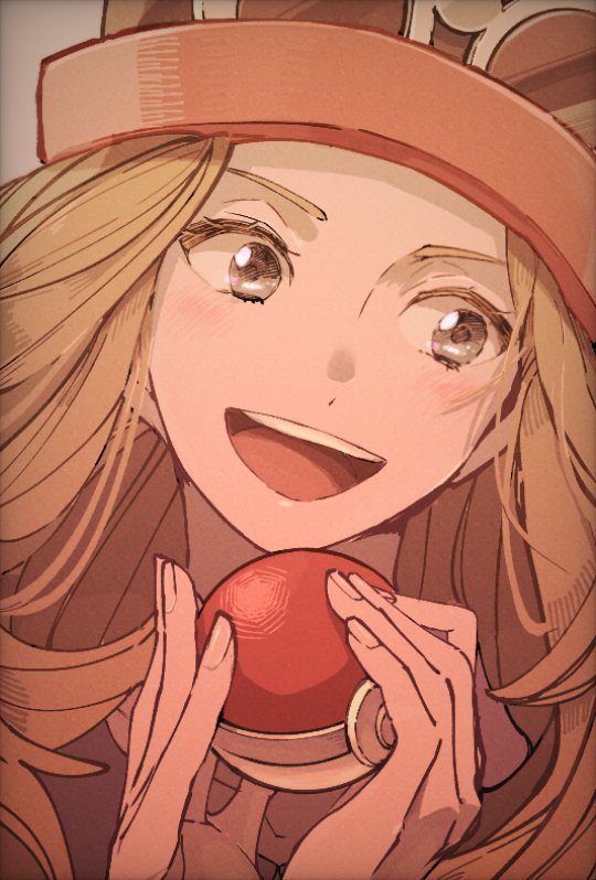 1girl :d blush commentary_request eyelashes eyewear_on_headwear grey_eyes hands_up hat holding holding_poke_ball long_hair looking_to_the_side omyo_(myomyomyo22) open_mouth poke_ball poke_ball_(basic) pokemon pokemon_(game) pokemon_xy serena_(pokemon) smile solo sunglasses teeth tongue