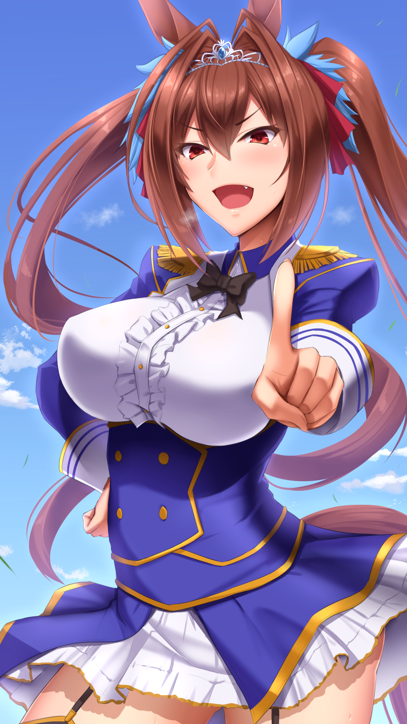1girl animal_ears blue_sky breasts clouds commentary_request daiwa_scarlet day epaulettes eyebrows_visible_through_hair fang hair_between_eyes hair_ribbon hand_on_hip highres horse_ears horse_girl horse_tail large_breasts leg_garter long_hair long_sleeves looking_at_viewer open_mouth red_eyes red_ribbon redhead ribbon shuugetsu_karasu skirt sky solo tail tiara twintails umamusume white_skirt