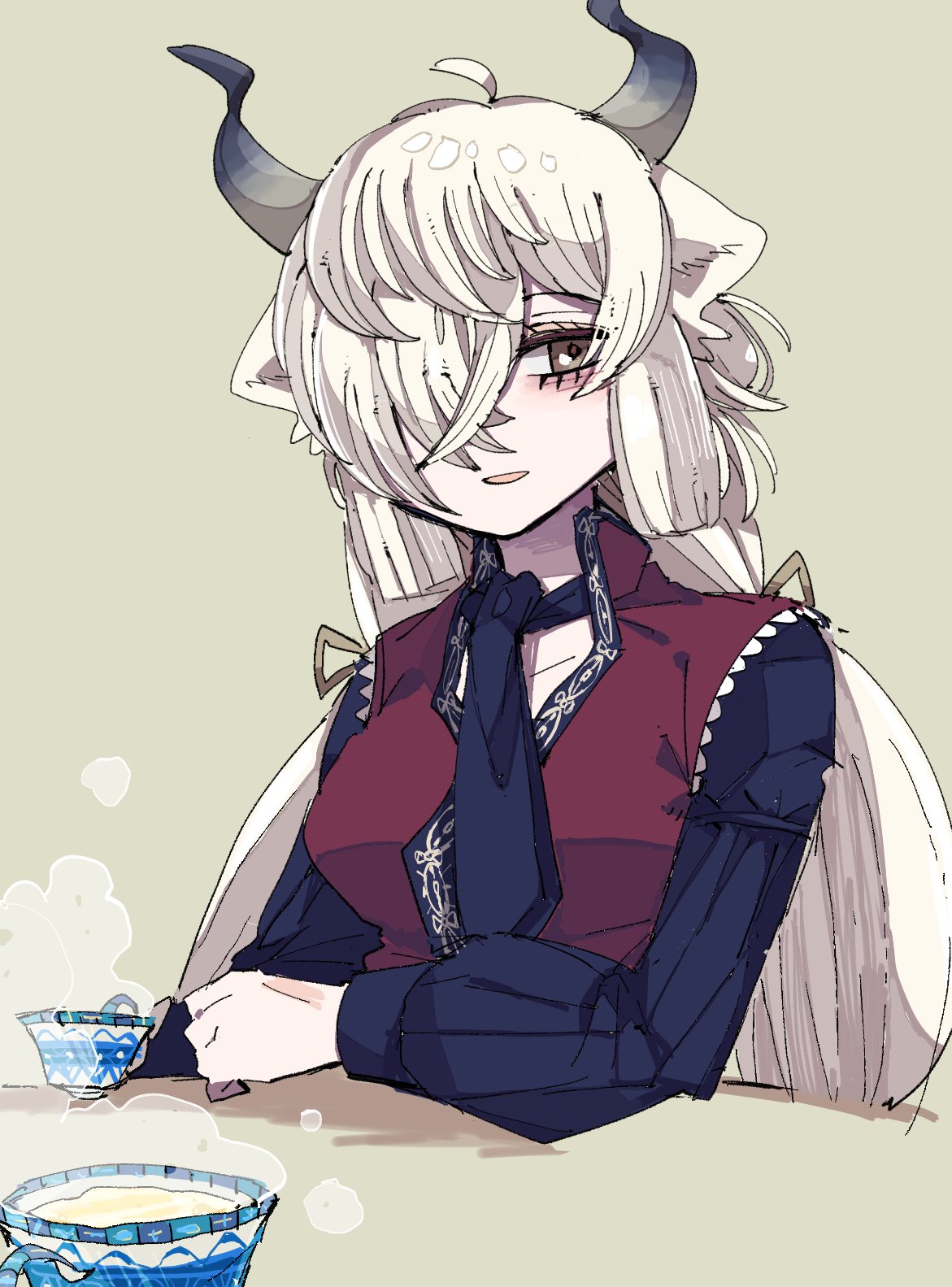 1girl ahoge alternate_costume animal_ears arm_rest bangs black_horns blonde_hair blouse brown_eyes cup drink grey_horns hair_over_one_eye hair_ribbon highres horns kanmoku-san kemono_friends_3 light_smile long_hair long_sleeves looking_at_viewer multicolored_horns necktie ox_ears ox_girl ox_horns parted_lips ribbon simple_background solo steam upper_body yak_(kemono_friends)