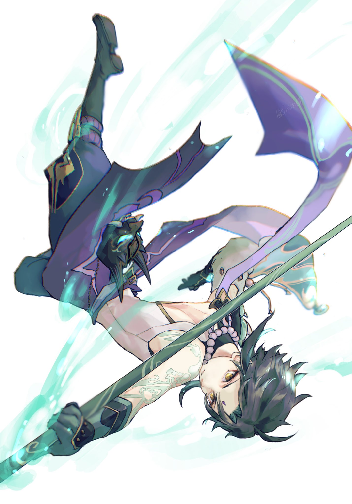1boy ahoge arm_guards arm_tattoo armor asymmetrical_clothes bangs bead_necklace beads black_gloves black_hair detached_sleeves diamond_(shape) eyeshadow facial_mark fangs forehead_mark genshin_impact gloves green_gloves green_hair highres holding holding_spear holding_weapon jewelry makeup male_focus mask multicolored_hair necklace open_mouth parted_bangs polearm red_eyeshadow shiraishi_(siraisi00) short_hair_with_long_locks shoulder_armor shoulder_pads shoulder_spikes simple_background single_bare_shoulder single_detached_sleeve slit_pupils solo spear spikes tattoo two-tone_hair upside-down vision_(genshin_impact) weapon white_background xiao_(genshin_impact) yellow_eyes