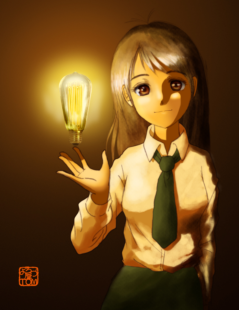 1girl black_neckwear brown_eyes brown_hair chutohampa collared_shirt cowboy_shot floating floating_object glowing hand_up light_bulb long_hair long_sleeves necktie original shirt shirt_tucked_in smile solo upper_body white_shirt