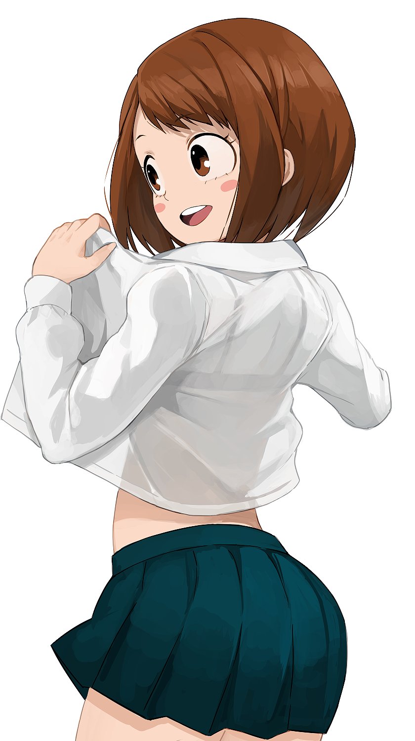 1girl black_bra blue_skirt blush_stickers boku_no_hero_academia bra brown_eyes brown_hair commentary_request from_behind highres hiroki_(yyqw7151) long_sleeves looking_to_the_side open_clothes open_mouth open_shirt round_teeth see-through see-through_shirt shirt simple_background skirt solo teeth thighs underwear upper_body uraraka_ochako white_background white_shirt
