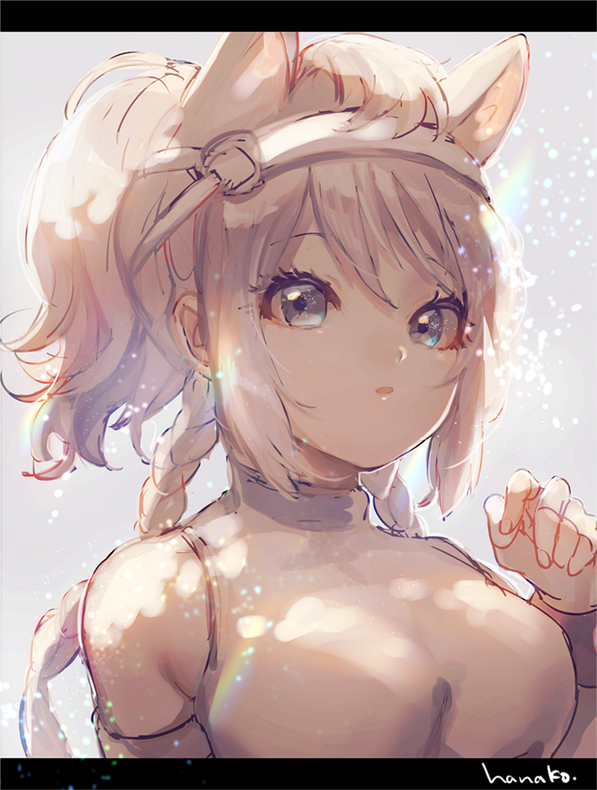 1girl animal_ears bangs bare_shoulders blonde_hair braid breasts character_request copyright_request detached_sleeves extra_ears eyebrows_visible_through_hair grey_eyes hairband hanako151 hand_up large_breasts letterboxed light_particles long_hair looking_at_viewer parted_lips ponytail shirt signature sleeveless sleeveless_shirt solo twin_braids upper_body white_shirt