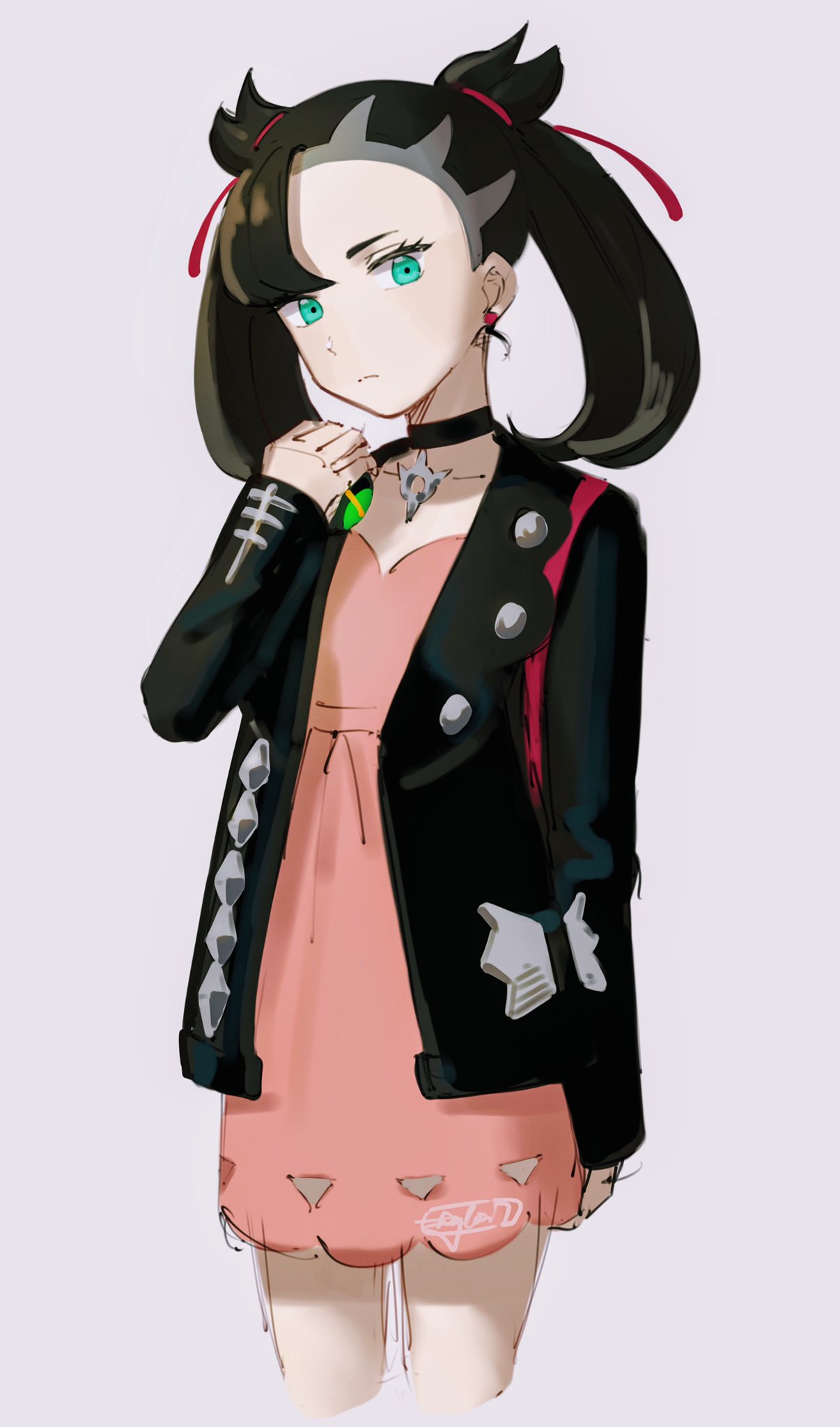 1girl asymmetrical_bangs bangs black_choker black_hair black_jacket choker closed_mouth collarbone commentary dress dusk_ball earrings eyelashes green_eyes hair_ribbon hand_up hazel0217 highres holding holding_poke_ball jacket jewelry long_sleeves looking_at_viewer marnie_(pokemon) open_clothes open_jacket pink_dress poke_ball pokemon pokemon_(game) pokemon_swsh red_ribbon ribbon signature sketch solo twintails