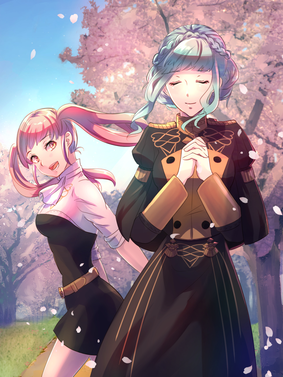 2girls :d bangs belt black_dress black_jacket black_skirt blue_hair blue_sky braid breasts brown_belt closed_eyes commentary_request cowboy_shot crown_braid day dress fire_emblem fire_emblem:_three_houses garreg_mach_monastery_uniform hands_up highres hilda_valentine_goneril interlocked_fingers jacket juliet_sleeves long_hair long_sleeves looking_at_viewer marianne_von_edmund medium_breasts multiple_girls open_mouth outdoors own_hands_together pink_hair puffy_sleeves riou_(pooh920) shirt short_dress short_hair short_sleeves skirt skirt_set sky smile standing twintails white_shirt