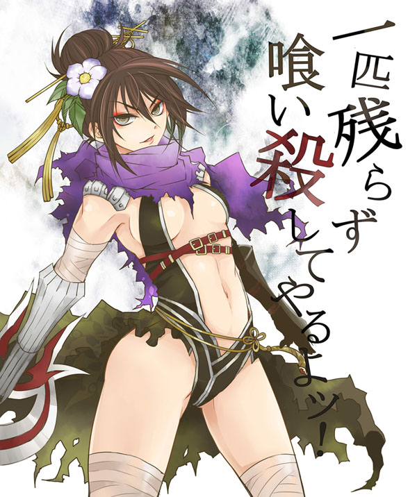 1girl armor assassin_cross_(ragnarok_online) bandaged_leg bandages bangs black_cape black_gloves black_shirt breasts brown_hair cape commentary_request cowboy_shot dagger elbow_gloves eyebrows_visible_through_hair flower gauntlets gloves hair_between_eyes hair_bun hair_flower hair_leaf hair_ornament hair_stick holding holding_dagger holding_weapon jamadhar looking_at_viewer medium_breasts medium_hair navel parted_lips pauldrons purple_scarf ragnarok_online revealing_clothes scarf shirt shoulder_armor solo sptbird torn_cape torn_clothes torn_scarf translation_request waist_cape weapon white_background white_flower
