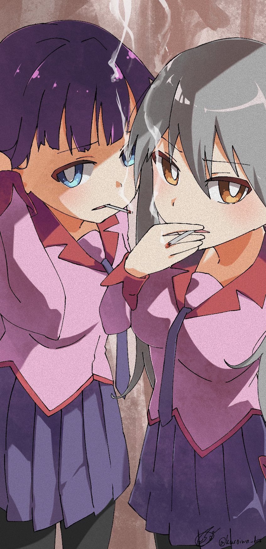 2girls adjusting_hair bakemonogatari bangs blue_eyes blue_skirt eyebrows_visible_through_hair hair_between_eyes hand_up highres kuroiwa_brs looking_at_viewer monogatari_(series) multiple_girls oikura_sodachi orange_eyes purple_hair purple_shirt senjougahara_hitagi shirt silver_hair skirt smoking