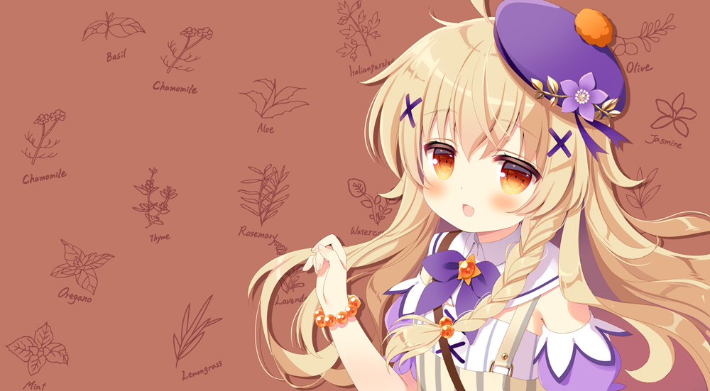 1girl :d ahoge bangs bead_bracelet beads beret blonde_hair bracelet braid brown_background commentary_request detached_sleeves eyebrows_visible_through_hair flower flower_knight_girl hair_between_eyes hair_ornament hand_up hat hat_flower jewelry kuko_(flower_knight_girl) long_hair looking_at_viewer open_mouth puffy_short_sleeves puffy_sleeves purple_flower purple_headwear purple_sleeves red_eyes santa_matsuri shirt short_sleeves smile solo striped tilted_headwear upper_body vertical_stripes white_shirt x_hair_ornament