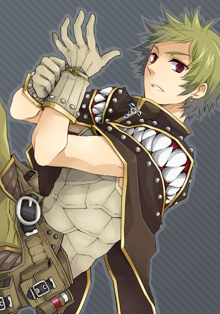 1boy armor bangs belt breastplate brown_belt brown_cape brown_pants cape comiket_80 commentary_request cover cover_page creator_(ragnarok_online) diagonal_stripes doujin_cover dutch_angle flamel_emure gloves green_hair grey_background grin living_clothes looking_at_viewer male_focus pants pouch putting_on_gloves ragnarok_online red_eyes short_hair smile solo sptbird striped striped_background teeth upper_body white_gloves