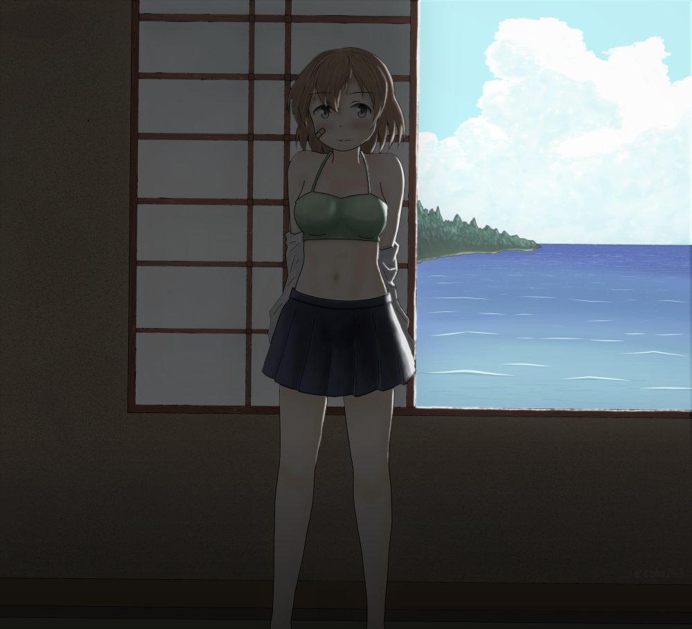 1girl aaoi arms_behind_back bandaid bandaid_on_face bikini blue_skirt breasts brown_eyes brown_hair dark feet_out_of_frame green_bikini kantai_collection looking_at_viewer medium_breasts oboro_(kancolle) ocean pleated_skirt short_hair skirt solo swimsuit window