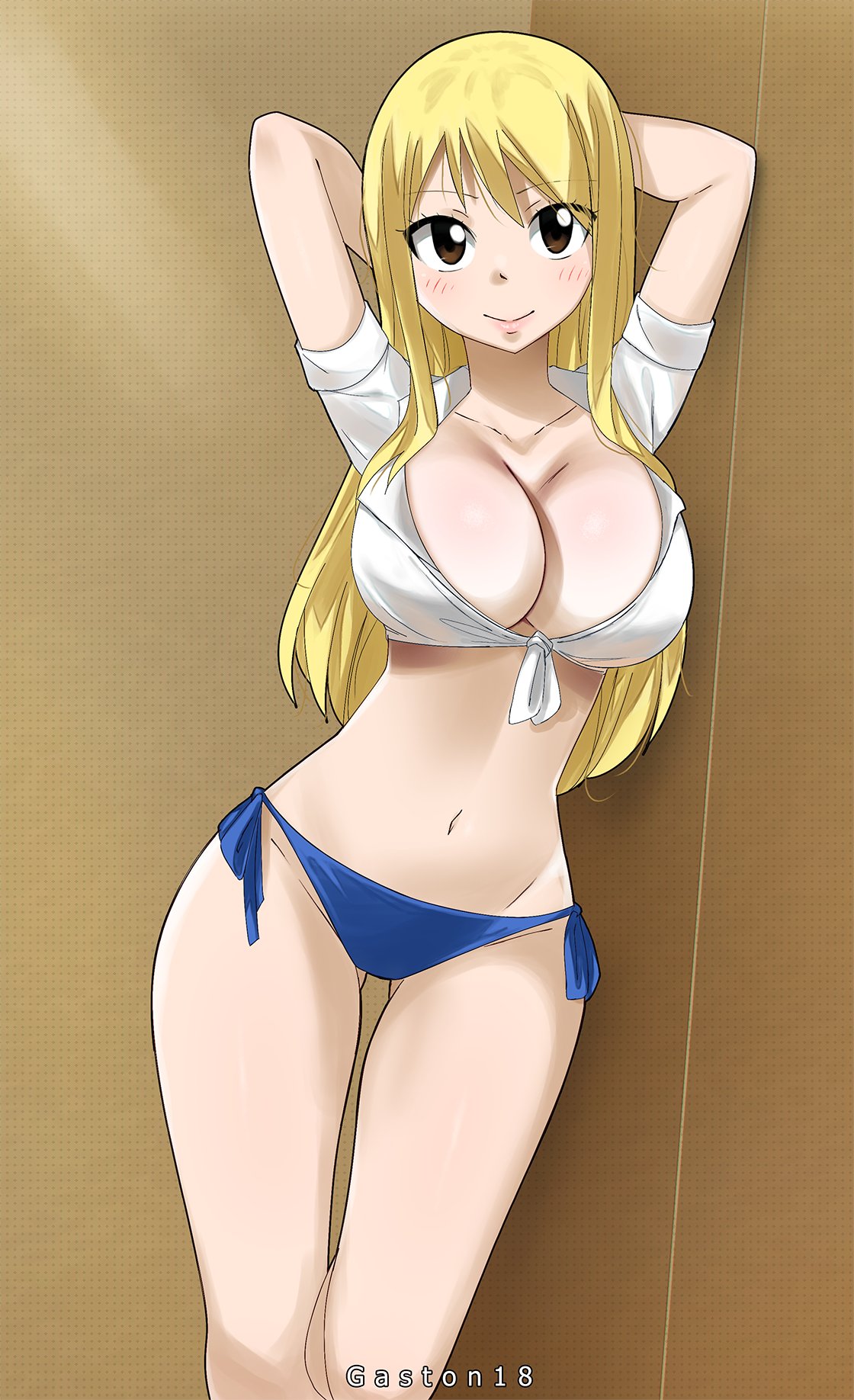 1girl bikini blonde_hair blush breasts brown_eyes fairy_tail gaston18 highres large_breasts looking_at_viewer lucy_heartfilia navel solo swimsuit
