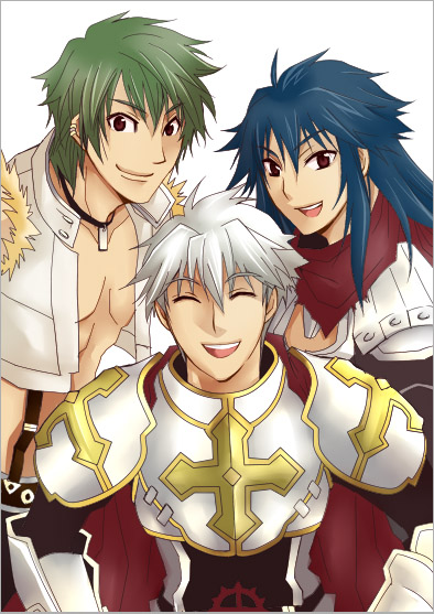 3boys armor assassin_cross_(ragnarok_online) bangs black_shirt blue_hair breastplate cape closed_mouth commentary_request crop_top cross eremes_guile eyebrows_visible_through_hair green_hair hair_between_eyes howard_alt-eisen long_hair looking_at_viewer lord_knight_(ragnarok_online) male_focus multiple_boys open_clothes open_mouth open_shirt pauldrons ragnarok_online red_cape red_eyes red_scarf scarf seyren_windsor shirt short_hair shoulder_armor simple_background smile spiked_gauntlets sptbird suspenders torn_clothes torn_shirt upper_body white_background white_hair white_shirt whitesmith_(ragnarok_online)