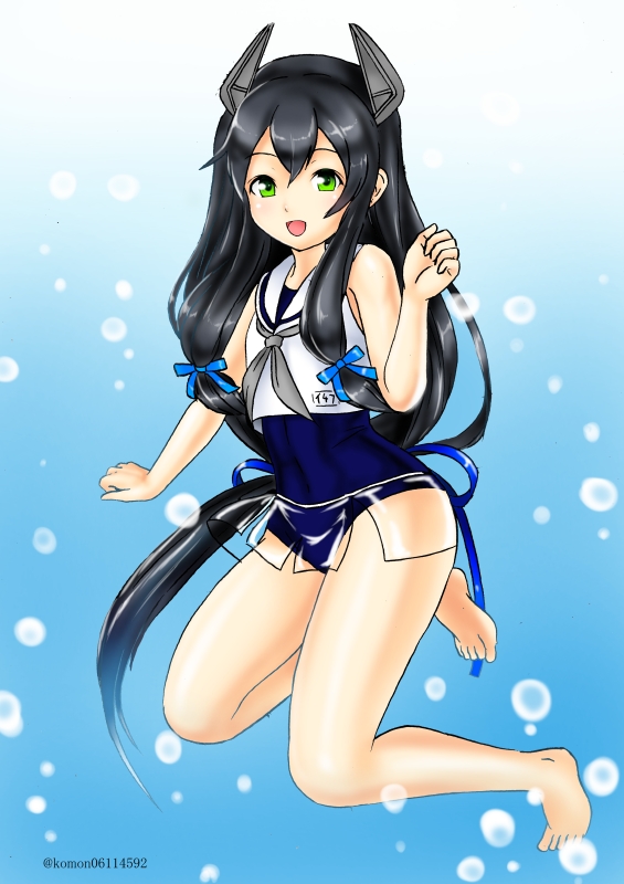 1girl air_bubble barefoot black_hair blue_swimsuit bubble eyebrows_visible_through_hair freediving full_body green_eyes grey_neckwear hair_between_eyes hair_ribbon headgear i-47_(kancolle) kantai_collection kudou_(ooabareteng) long_hair looking_at_viewer low-tied_long_hair name_tag neckerchief one-piece_swimsuit open_mouth ribbon sailor_collar sailor_shirt school_swimsuit see-through_skirt shirt skirt sleeveless sleeveless_shirt smile solo submerged swimming swimsuit swimsuit_under_clothes tress_ribbon twitter_username underwater white_sailor_collar