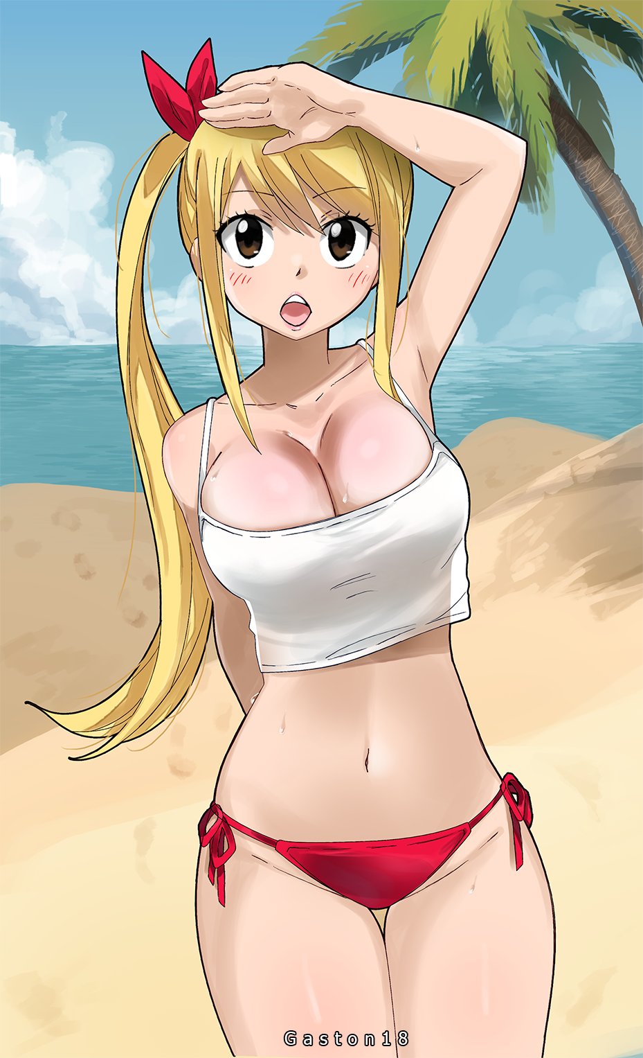 1girl beach bikini blonde_hair blush breasts brown_eyes fairy_tail gaston18 highres large_breasts looking_at_viewer lucy_heartfilia navel solo swimsuit