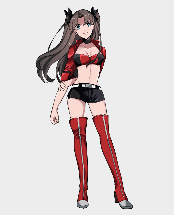 1girl black_hair blue_eyes boots breasts choker fate/stay_night fate_(series) long_hair midriff navel open_clothes open_shirt short_shorts shorts solo suzuko_(star8383) tohsaka_rin twintails two_side_up