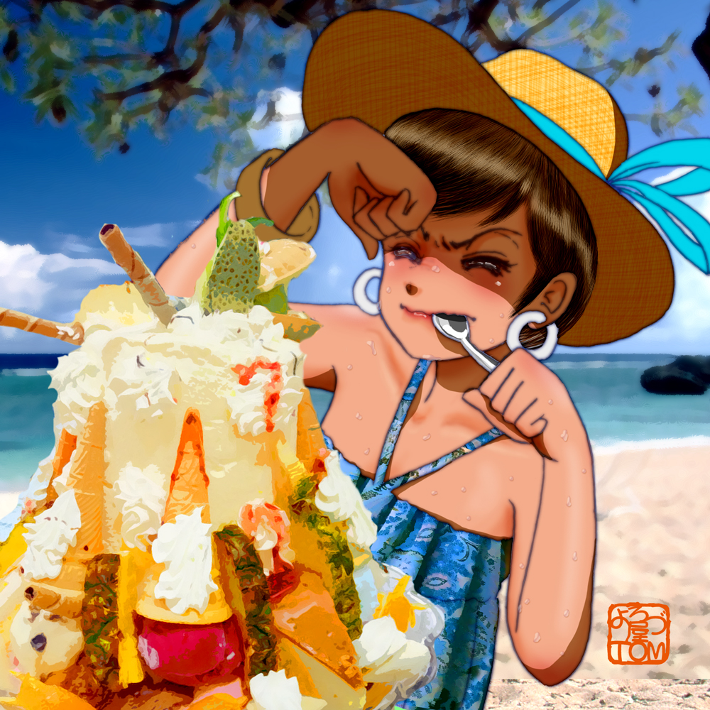 1girl aqua_ribbon bare_shoulders beach blue_sky brown_hair chutohampa closed_eyes earrings food fruit hat hat_ribbon holding holding_spoon hoop_earrings horizon ice_cream jewelry original parfait ribbon short_hair sky solo spoon utensil_in_mouth