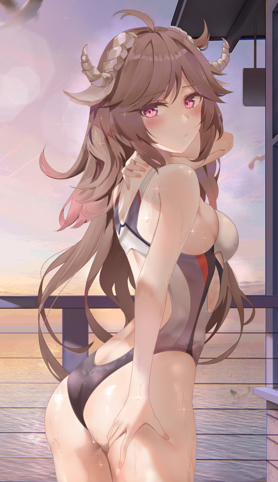 1girl ahoge animal_ears arknights arm_up ass back_cutout bare_arms bare_shoulders breasts brown_hair clothing_cutout competition_swimsuit contrapposto cowboy_shot eyjafjalla_(arknights) from_behind goat_ears goat_horns hand_on_own_ass highres horns long_hair looking_at_viewer looking_back medium_breasts one-piece_swimsuit pink_eyes ru_zhai side_cutout solo standing swimsuit wet