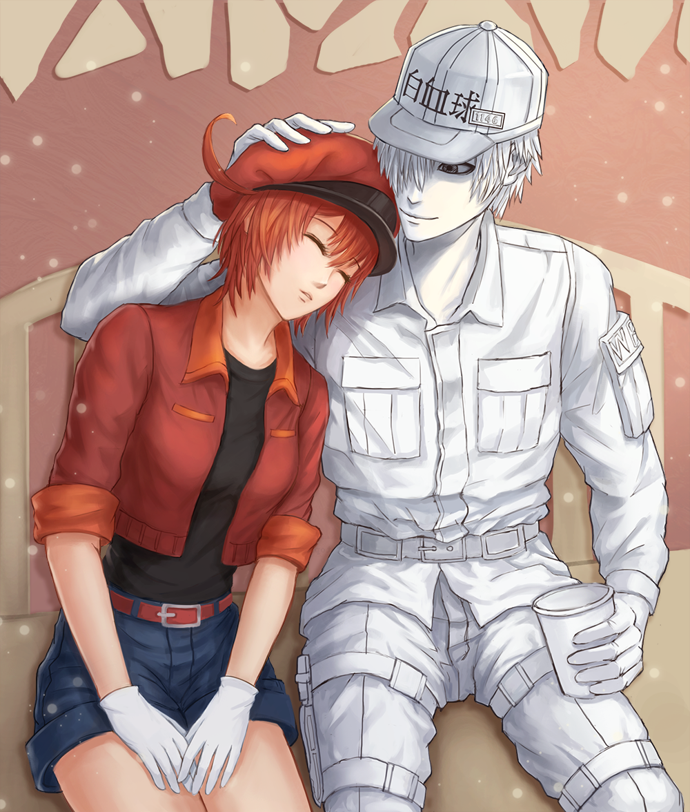 1boy 1girl ae-3803 ahoge bangs baseball_cap belt bench black_shirt breasts cabbie_hat closed_eyes commentary couple cup denim denim_shorts disposable_cup gloves grey_eyes hair_between_eyes hair_over_one_eye hand_on_another's_head hands_on_lap hat hataraku_saibou head_on_another's_shoulder holding holding_cup jacket katsuki000 long_sleeves medium_breasts on_bench open_clothes open_jacket pale_skin pants parted_lips red_belt red_blood_cell_(hataraku_saibou) red_headwear red_jacket redhead shirt short_hair short_sleeves shorts sitting sleeping sleeping_on_person sleeping_upright stone_wall translated u-1146 uniform wall white_blood_cell_(hataraku_saibou) white_gloves white_hair white_headwear white_legwear white_shirt