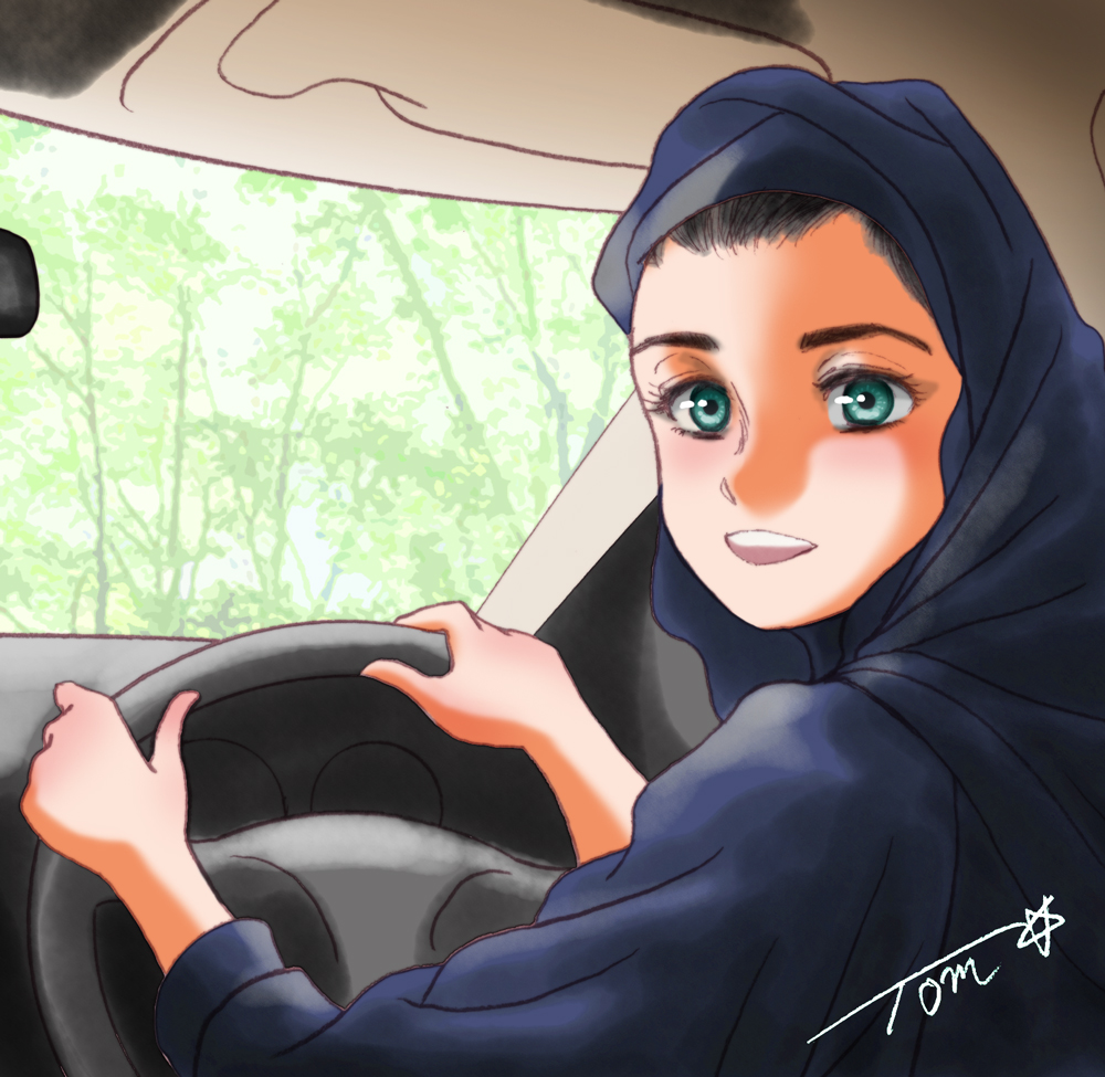 1girl aqua_eyes black_hair blush car_interior chutohampa driving hijab long_sleeves looking_at_viewer open_mouth original signature smile solo