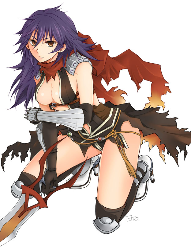 1girl armor armored_boots assassin_cross_(ragnarok_online) bangs black_cape black_gloves black_legwear black_shirt blue_hair boots cape closed_mouth commentary_request dagger elbow_gloves eremes_guile eyebrows_visible_through_hair full_body gauntlets genderswap genderswap_(mtf) gloves hair_between_eyes high_heel_boots high_heels holding holding_dagger holding_weapon jamadhar kneehighs long_hair looking_at_viewer pauldrons ragnarok_online red_eyes red_scarf revealing_clothes scarf shirt shoulder_armor simple_background solo sptbird squatting torn_cape torn_clothes torn_scarf waist_cape weapon white_background