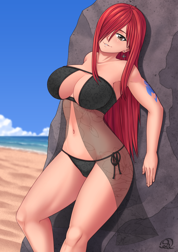 1girl arm_tattoo beach bikini black_bikini blue_sky breasts brown_eyes clouds commentary cowboy_shot day erza_scarlet fairy_tail flower hair_over_one_eye head_tilt highleg highleg_swimsuit large_breasts long_hair looking_at_viewer outdoors parted_lips redhead rock rocky-ace side-tie_bikini sky smile solo swimsuit tattoo turtleneck